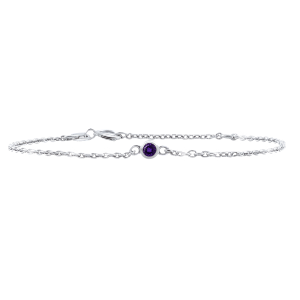 Diamond or Gemstone Round Bezel Charm in 14K White Diamond Cut Cable Bracelet