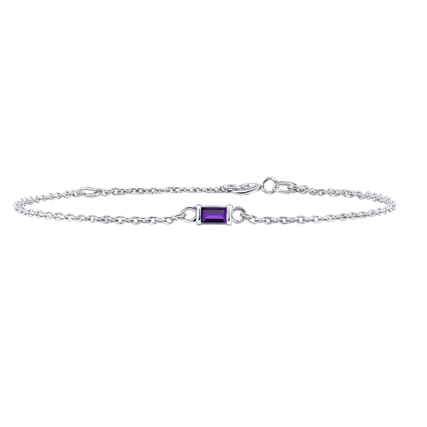 Diamond or Gemstone Baguette Bezel Charm in 14K White Diamond Cut Cable Bracelet