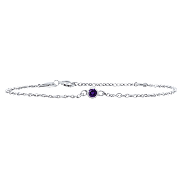 Diamond or Gemstone Round Bezel Charm in 14K White Diamond Cut Cable Bracelet