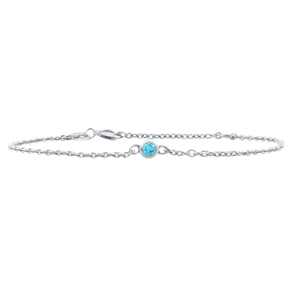 Diamond or Gemstone Round Bezel Charm in 14K White Diamond Cut Cable Bracelet