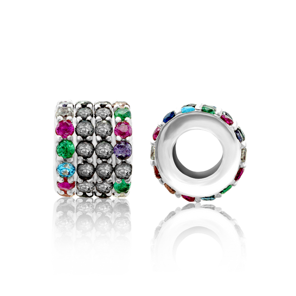 Fancy Beads with Multi Colored CZ in Sterling Silver (6.1 x 4.8 mm)