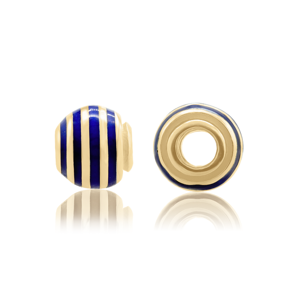 Striped Dark Blue Enamel Beads in 14K Yellow Gold (9.4 x 8.6 mm)