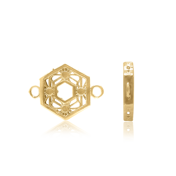 Hexagon Spacers with Rings in Sterling Silver 18K Yellow Gold Finish (10.9 x 14.6 mm)