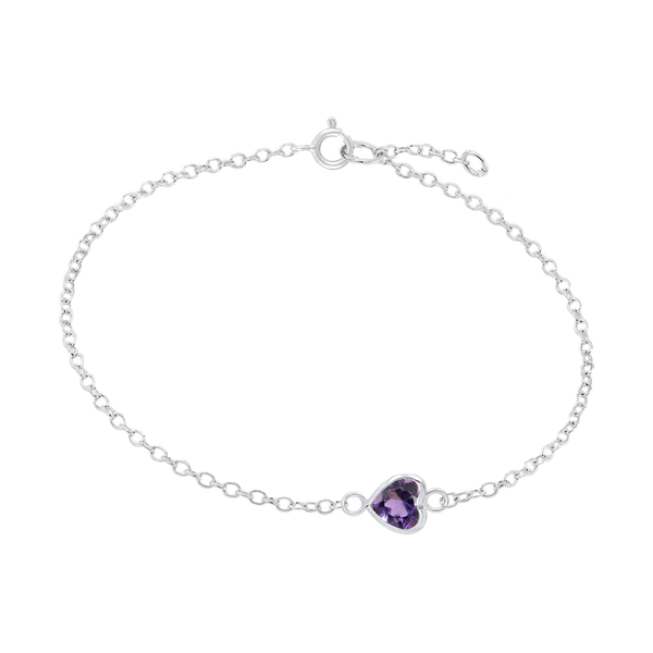 Diamond or Gemstone Heart Bezel Charm in 14K White Diamond Cut Cable Bracelet