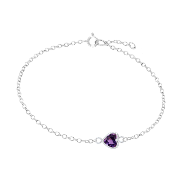 Diamond or Gemstone Heart Bezel Charm in 14K White Diamond Cut Cable Bracelet