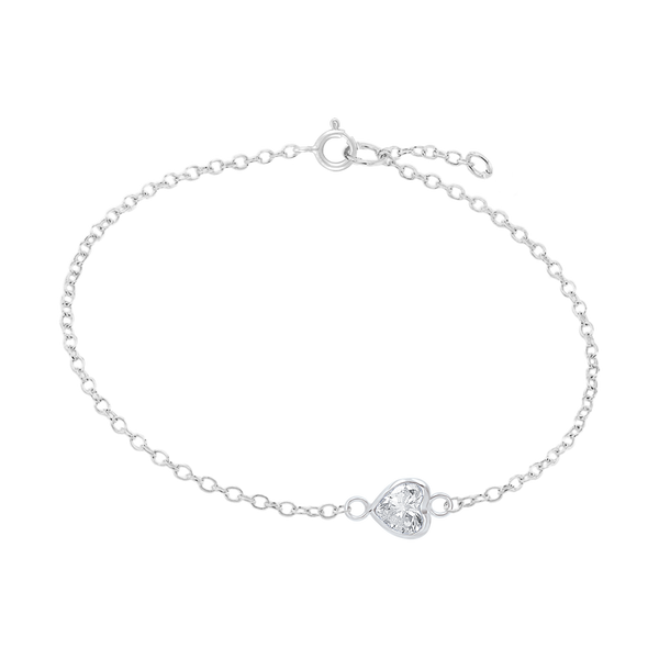 Diamond or Gemstone Heart Bezel Charm in 14K White Diamond Cut Cable Bracelet