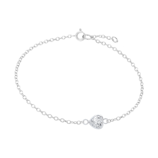 Diamond or Gemstone Heart Bezel Charm in 14K White Diamond Cut Cable Bracelet