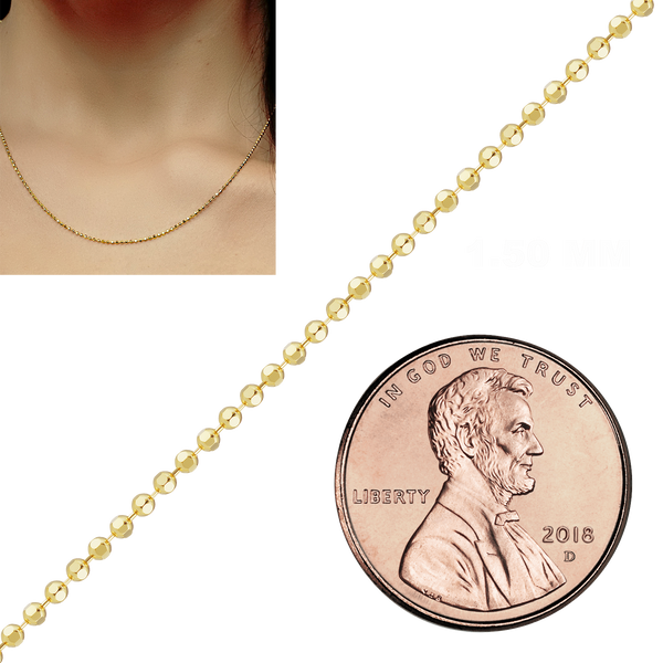 Bulk / Spooled Diamond Cut Round Bead Chain in 14K & 18K Yellow Gold (1.20 mm - 1.90 mm)