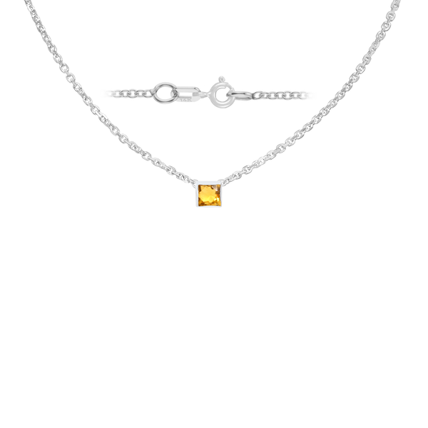 Diamond or Gemstone Square Bezel Charm in 14K White Diamond Cut Cable Necklace (16-18" Extension)