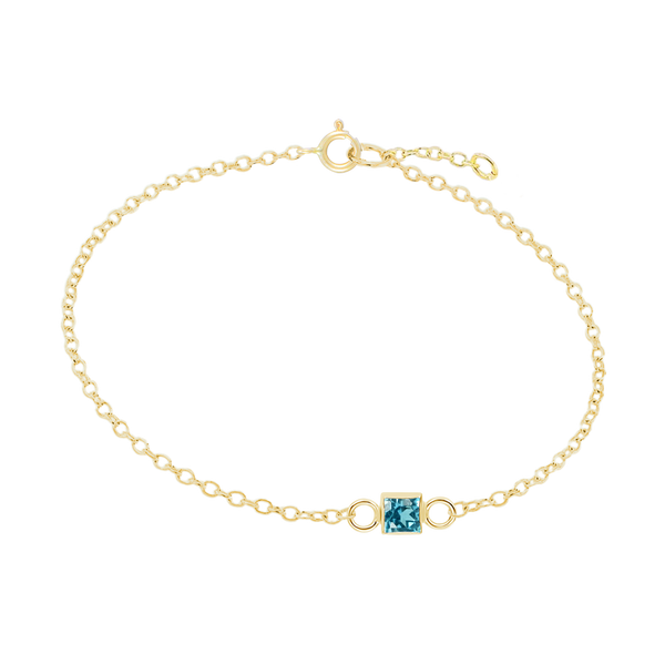 Diamond or Gemstone Square Bezel Charm in 14K Yellow Diamond Cut Cable Bracelet