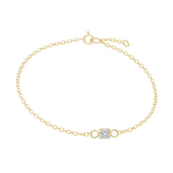 Diamond or Gemstone Square Bezel Charm in 14K Yellow Round Cable Bracelet