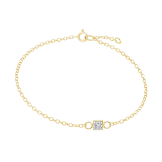 Diamond or Gemstone Square Bezel Charm in 14K Yellow Diamond Cut Cable Bracelet