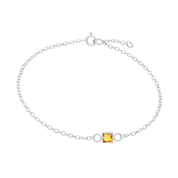 Diamond or Gemstone Square Bezel Charm in 14K White Diamond Cut Cable Bracelet