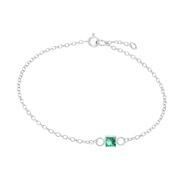 Diamond or Gemstone Square Bezel Charm in 14K White Round Cable Bracelet