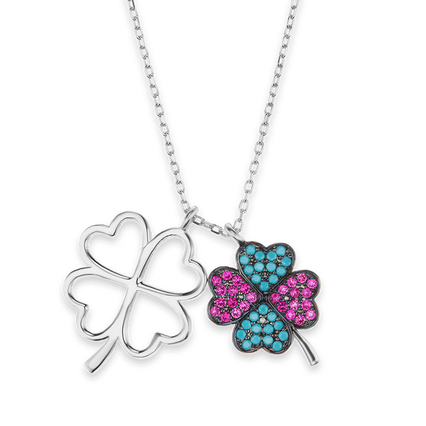 4 Leaf Clovers Necklace with Cubic Zirconia in Sterling Silver (22 x 16 mm)