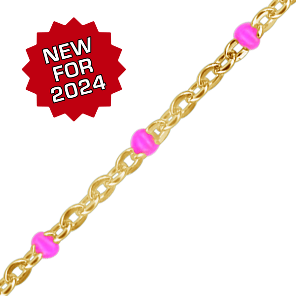 Bulk / Spooled Cable Chain with Pink Enamel Beads in 14K Yellow Gold (1.20 mm)