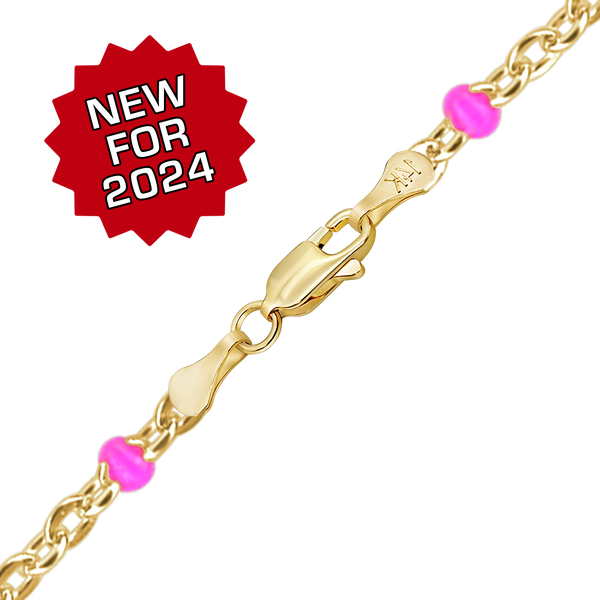 Finished Cable Necklace with Pink Enamel Beads in 14K Yellow Gold (1.20 mm)