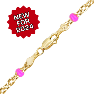 Finished Cable Necklace with Pink Enamel Beads in 14K Yellow Gold (1.20 mm)