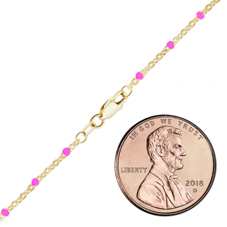 Finished Cable Anklet with Pink Enamel Beads in 14K Yellow Gold (1.20 mm)