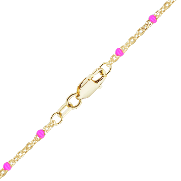 Finished Cable Anklet with Pink Enamel Beads in 14K Yellow Gold (1.20 mm)
