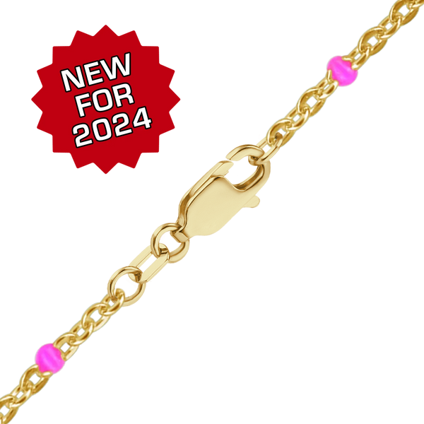 Finished Cable Anklet with Pink Enamel Beads in 14K Gold-Filled (1.20 mm)