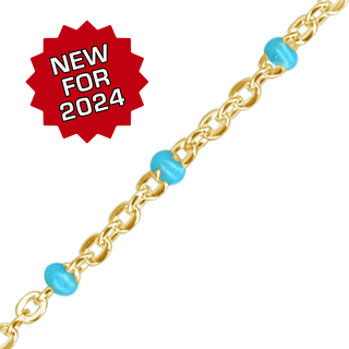 Bulk / Spooled Cable Chain with Teal Enamel Beads in 14K Yellow Gold (1.20 mm)