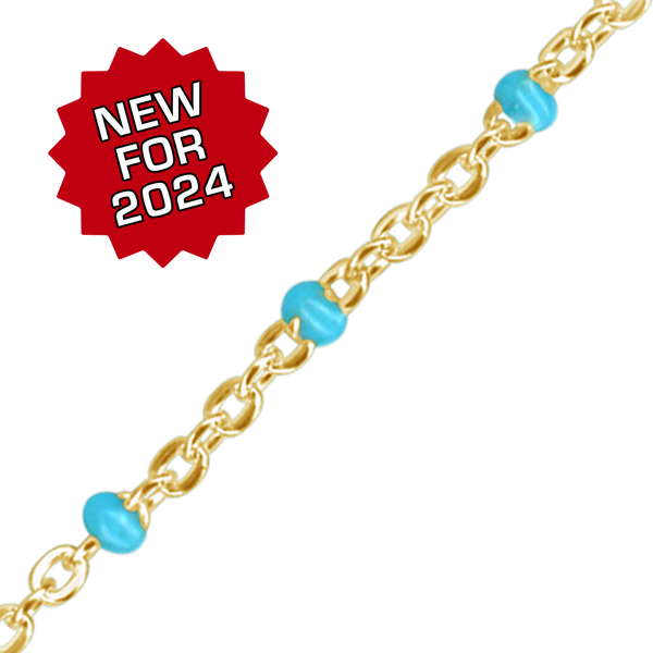 Bulk / Spooled Cable Chain with Teal Enamel Beads in 14K Yellow Gold (1.20 mm)