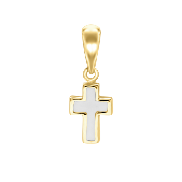 Tiny Cross Charm in 14K Gold with White Enamel (18 x 7 mm)