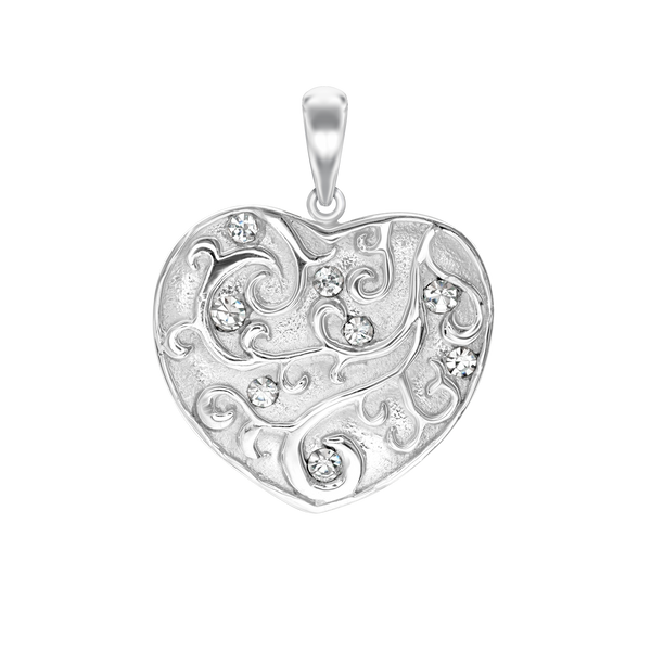 Full Heart with Filigree with CZ's Charm in Sterling Silver (30 x 24mm)