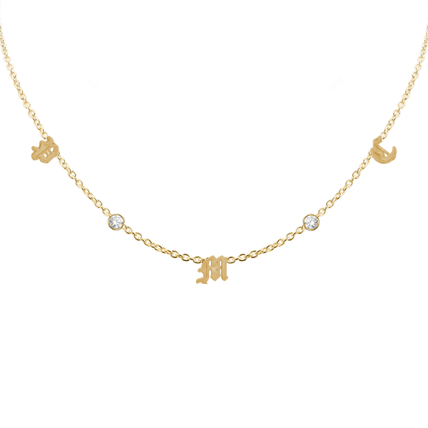 Old English Initial and Gemstone Necklace in 14K Yellow Gold (Medium Round Cable)