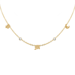 Old English Initial and Gemstone Necklace in 14K Yellow Gold (Diamond Cut Round Cable)