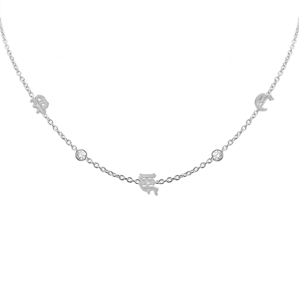 Old English Initial and Gemstone Necklace (Horizontal) in 14K White Gold