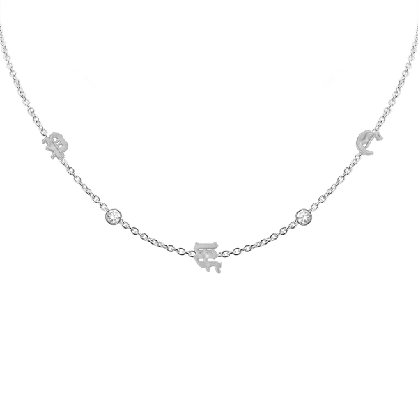 Old English Initial and Gemstone Necklace (Horizontal) in 14K White Gold (Medium Round Cable)