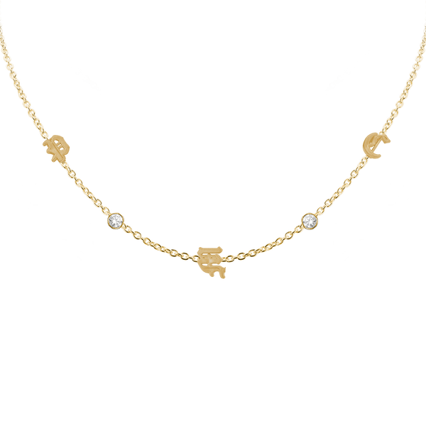 Old English Initial and Gemstone Necklace (Horizontal) in 14K Yellow Gold