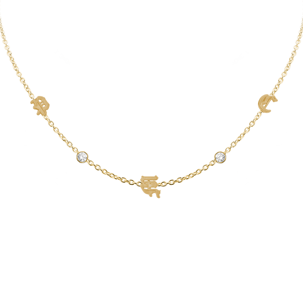 Old English Initial and Gemstone Necklace (Horizontal) in 14K Yellow Gold (Diamond Cut Round Cable)