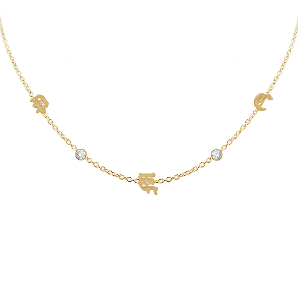 Old English Initial and Gemstone Necklace (Horizontal) in 14K Yellow Gold (Diamond Cut Round Cable)