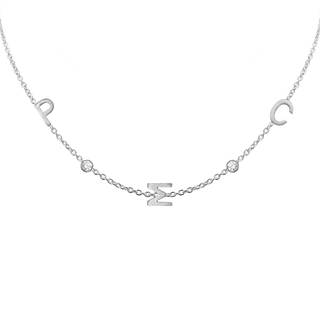 Initial and Gemstone Necklace (Horizontal) in 14K White Gold