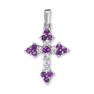 Sterling Silver Trinity Cross Pendant with Purple Cubic Zirconia (27 x 16 mm)