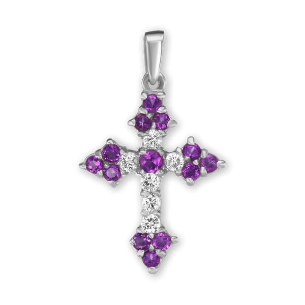 Sterling Silver Trinity Cross Pendant with Purple Cubic Zirconia (27 x 16 mm)
