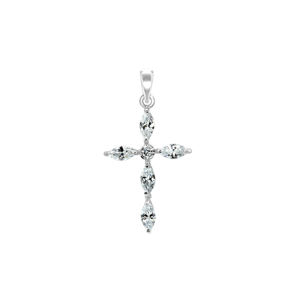 Sterling Silver Marquise Cross Pendant with Cubic Zirconia (33 x 19 mm)