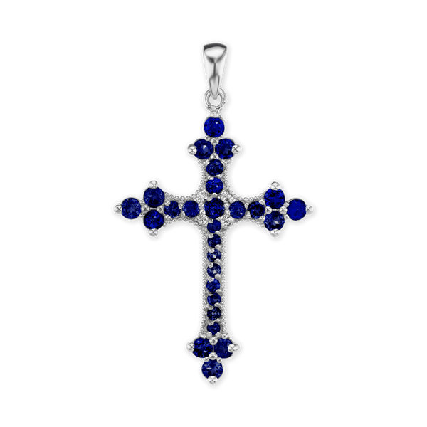 Sterling Silver Trinity Cross Pendant with Dark Blue Cubic Zirconia (50 x 30 mm)