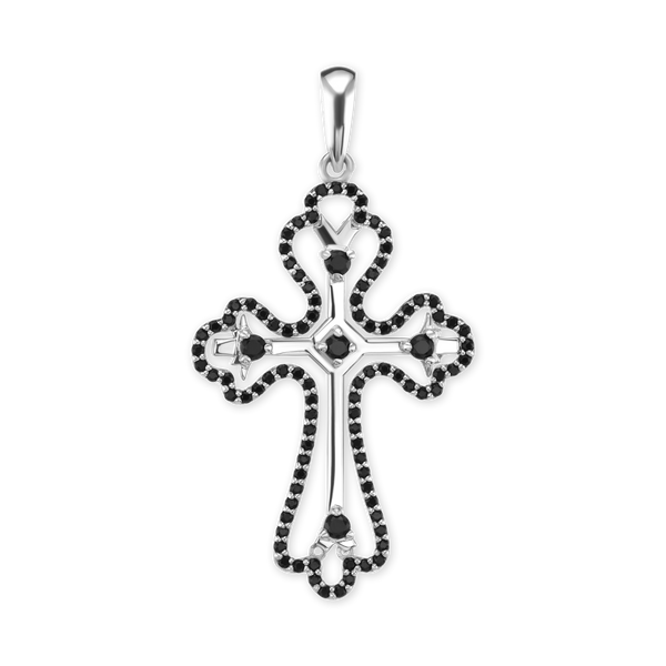 Sterling Silver Trefoil Cross Pendant with Black Cubic Zirconia (49 x 27 mm)