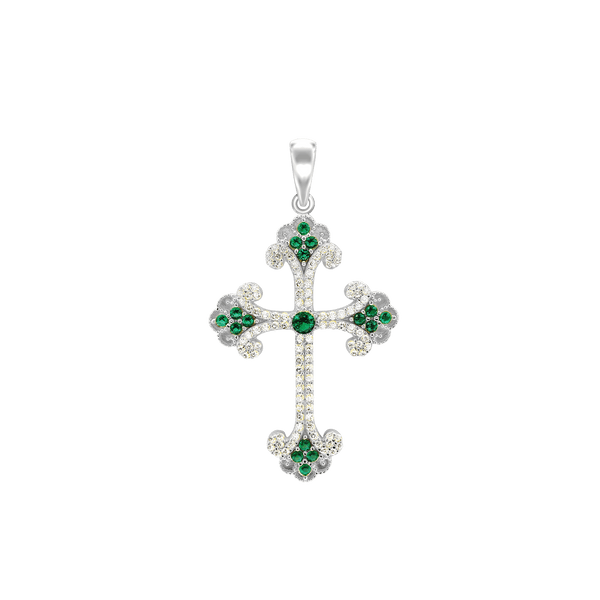 Sterling Silver Budded Cross Pendant with Green Cubic Zirconia (44 x 26 mm)