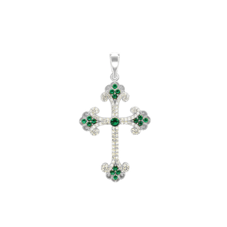 Sterling Silver Budded Cross Pendant with Green Cubic Zirconia (44 x 26 mm)