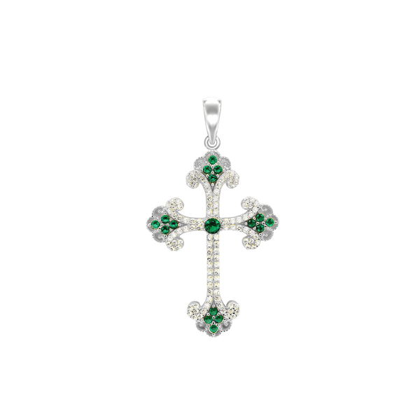 Sterling Silver Budded Cross Pendant with Green Cubic Zirconia (44 x 26 mm)