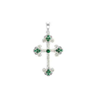 Sterling Silver Budded Cross Pendant with Green Cubic Zirconia (44 x 26 mm)