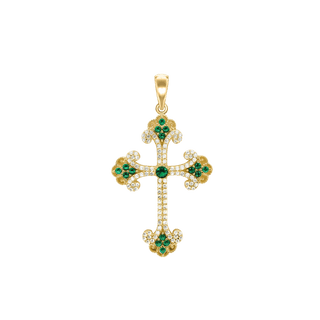 Sterling Silver Budded Cross Pendant with Green Cubic Zirconia (44 x 26 mm)