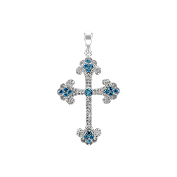 Sterling Silver Budded Cross Pendant with Light Blue Cubic Zirconia (44 x 26 mm)