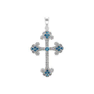 Sterling Silver Budded Cross Pendant with Light Blue Cubic Zirconia (44 x 26 mm)