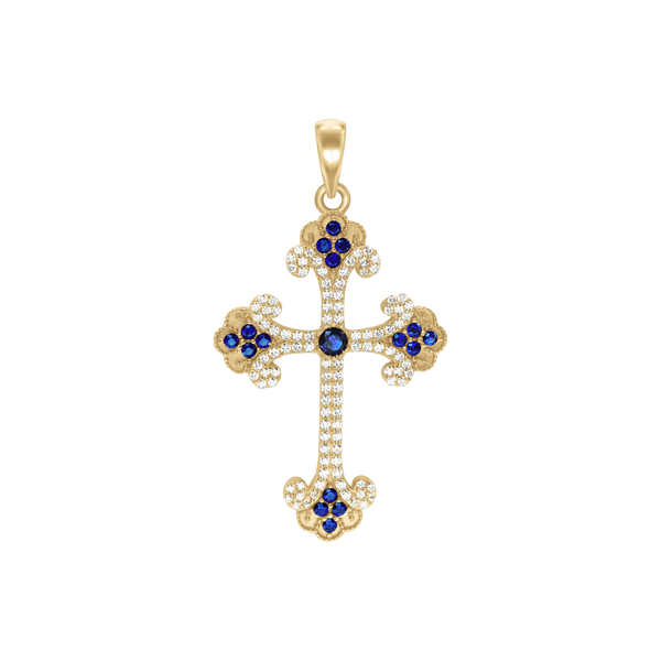 Sterling Silver Budded Cross Pendant with Dark Blue Cubic Zirconia (44 x 26 mm)